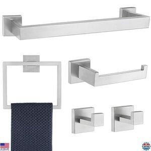 5-Piece Brushed Nickel Bathroom Hardware Set, 16" Towel Racks, Wall Mounted